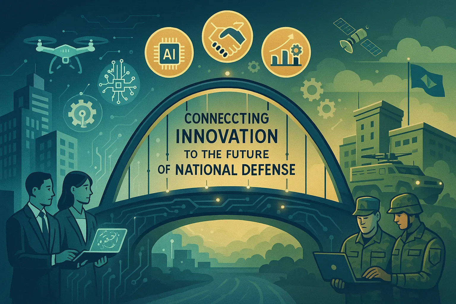 Ilustração de uma ponte conectando uma empresa à Base Industrial de Defesa