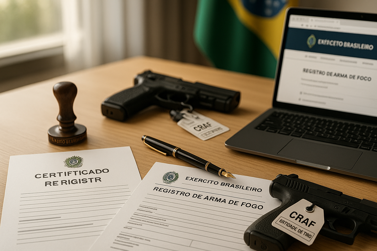 Documentos de apostilamento CR e registro de arma de fogo sobre mesa com carimbo oficial do Exército Brasileiro