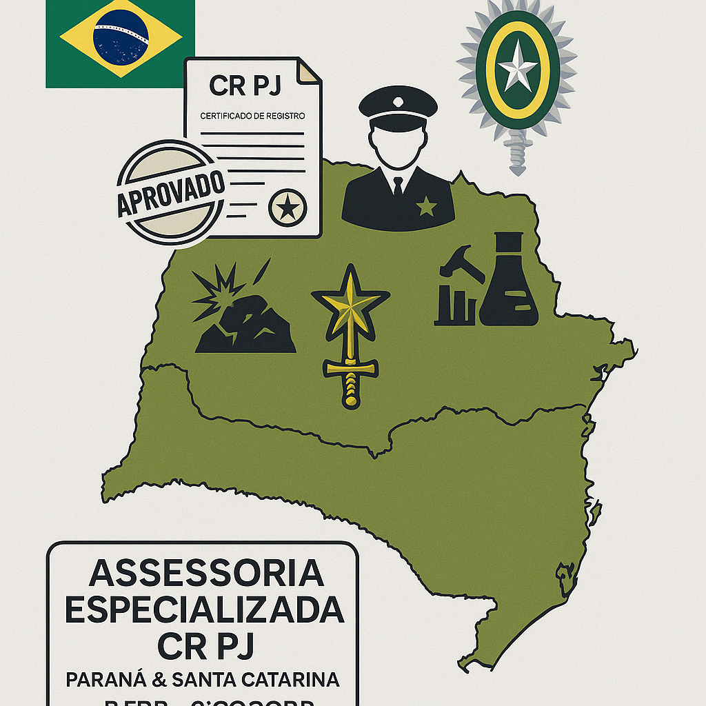 Mapa da 5ª Região Militar destacando Paraná e Santa Catarina com símbolos do Exército Brasileiro e documentos de Certificado de Registro para pessoas jurídicas