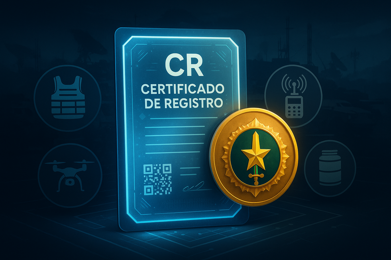 Selo com símbolo do Exército Brasileiro e um certificado digital, representando o Certificado de Registro (CR) e a conformidade legal para empresas no setor de defesa.
