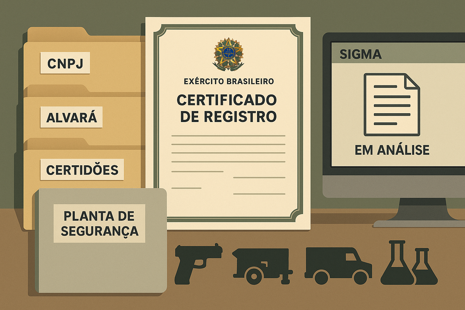 Documentos e certificados militares representando o processo de obtenção do Certificado de Registro do Exército para empresas que trabalham com produtos controlados.