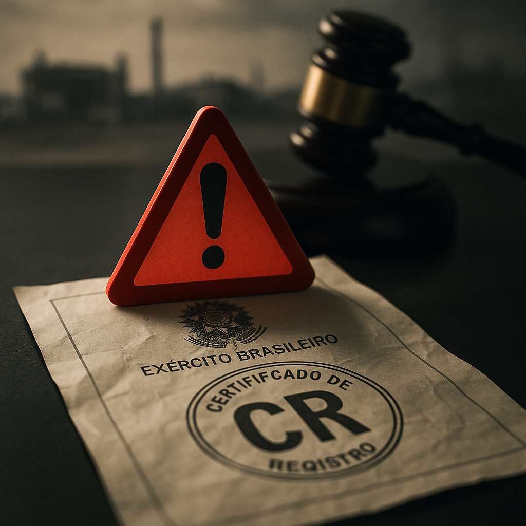 Sinal de alerta vermelho sobre um documento com selo do Exército Brasileiro, simbolizando os riscos de multas e sanções na gestão do Certificado de Registro (CR).