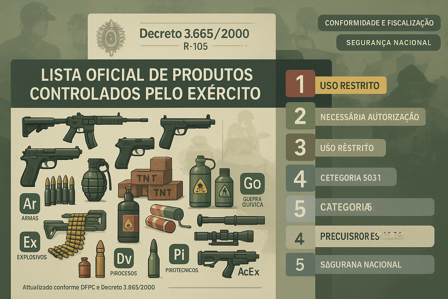 Lista completa e oficial de produtos controlados pelo Exército brasileiro incluindo armas, explosivos, munições, produtos químicos, equipamentos militares e materiais bélicos organizados por categorias de controle.