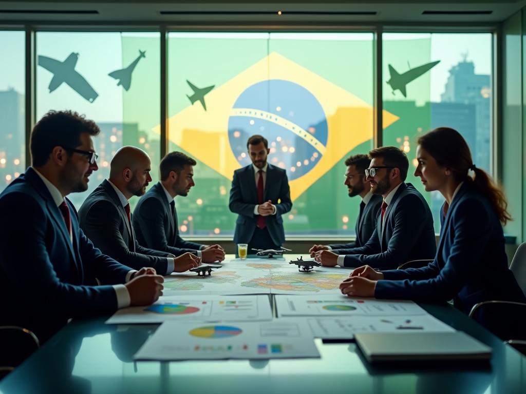 Mapa estratégico sendo analisado por empresários, simbolizando os passos para entrar no mercado de defesa com a ConnecTree.