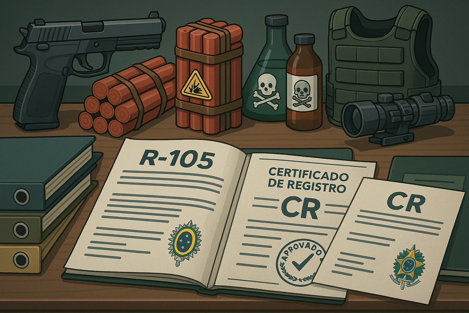 Representação visual de produtos controlados pelo Exército incluindo armas, explosivos, equipamentos balísticos e produtos químicos sob fiscalização militar.