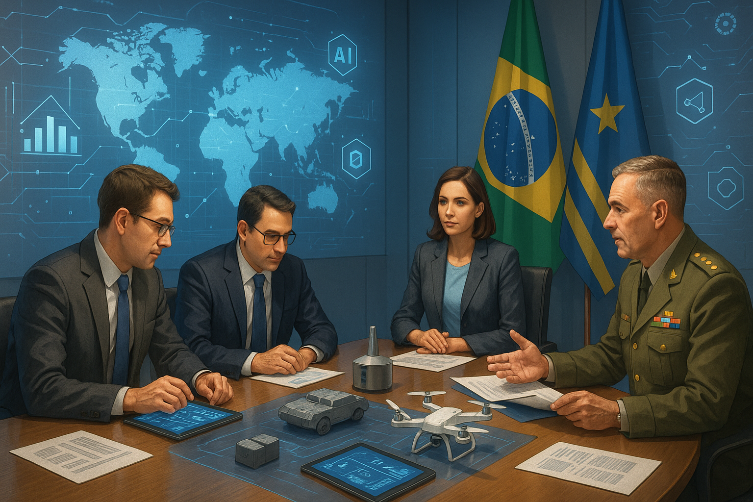 Ilustração mostrando a colaboração entre empresas civis e militares para fortalecer a Base Industrial de Defesa (BID) e a soberania tecnológica do Brasil.