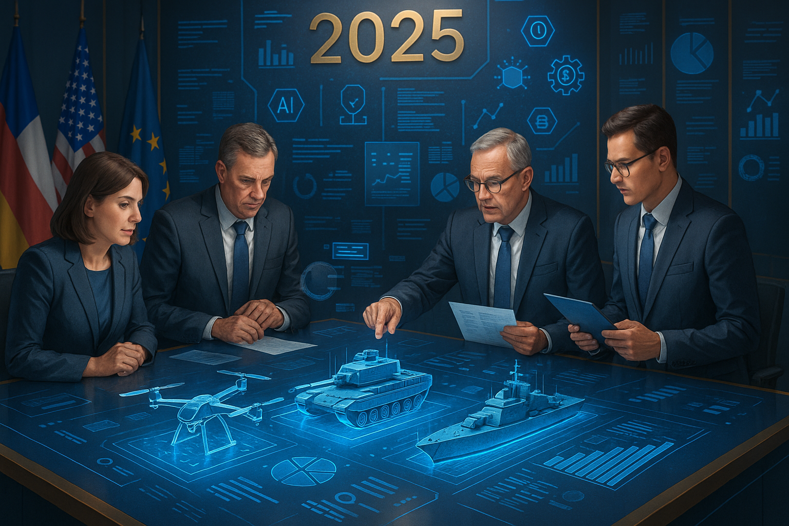 Gráfico ilustrando as principais tendências em licitações da Defesa Nacional em 2025, incluindo digitalização, tecnologia e PMEs.